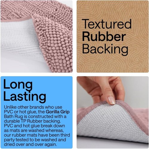 GORILLA GRIP Bath Rug Mat - Soft Absorbent Chenille | Quick-Dry Microfiber, 60x24, Dusty Rose