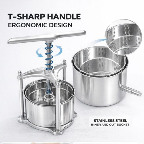 EJWOX Manual Cheese Press, 0.8 Gallon Heavy Duty Food Press for Cheese, Tofu & Vegetable Dehydration – Stainless Steel Basket Herb & Tincture Press with Filter Bags, Not for Hard Fruits