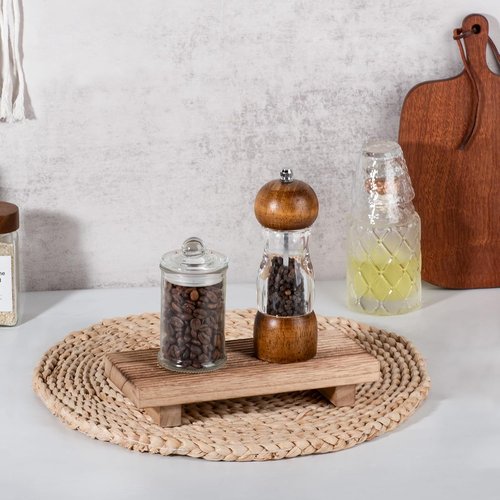 Farmhouse Decor Wood Riser Tray by [Brand Name] - Stylish Pedestal Stand for Kitchen & Bathroom | 8.7 x 3.6 Inches, Brown