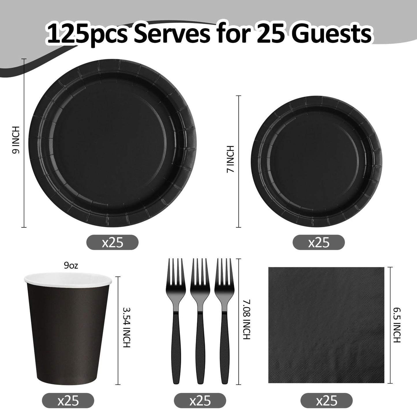 Black Paper Plates and Napkins, Disposable Black Party Plate Include 7&9INCH Plates Cups Napkins Forks Party Supplies for Father‘s Day, Graduations, Retirement, Birthday, Halloween for 25 Guests