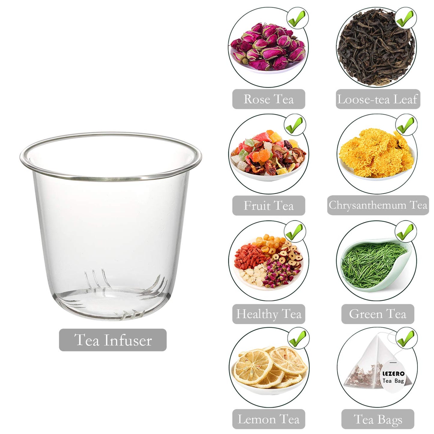 Lezero 15oz Tea Infuser Cups with Strainer and Lid, Glass Filter Mugs Brewing Kit for Loose Leaf-Tea & Blooming, Heat Resistance, Lead-free, Microwave & Dishwasher Safe