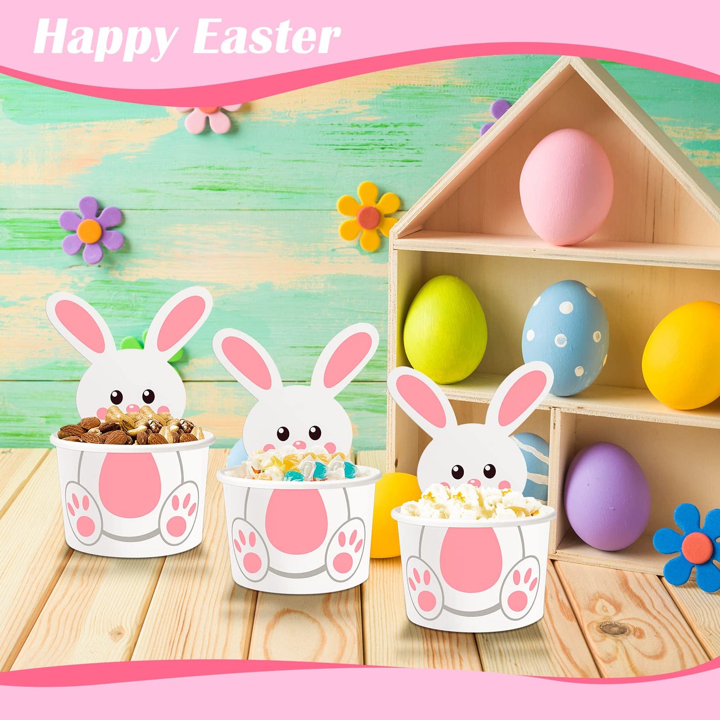 Suclain 24 Pack Easter Bunny Snack Cups 8 oz Easter Party Paper Treat Bowls Disposable Bunny Dessert Cups Small Holiday Kids Party Cups for Party Favors Decorations Supplies