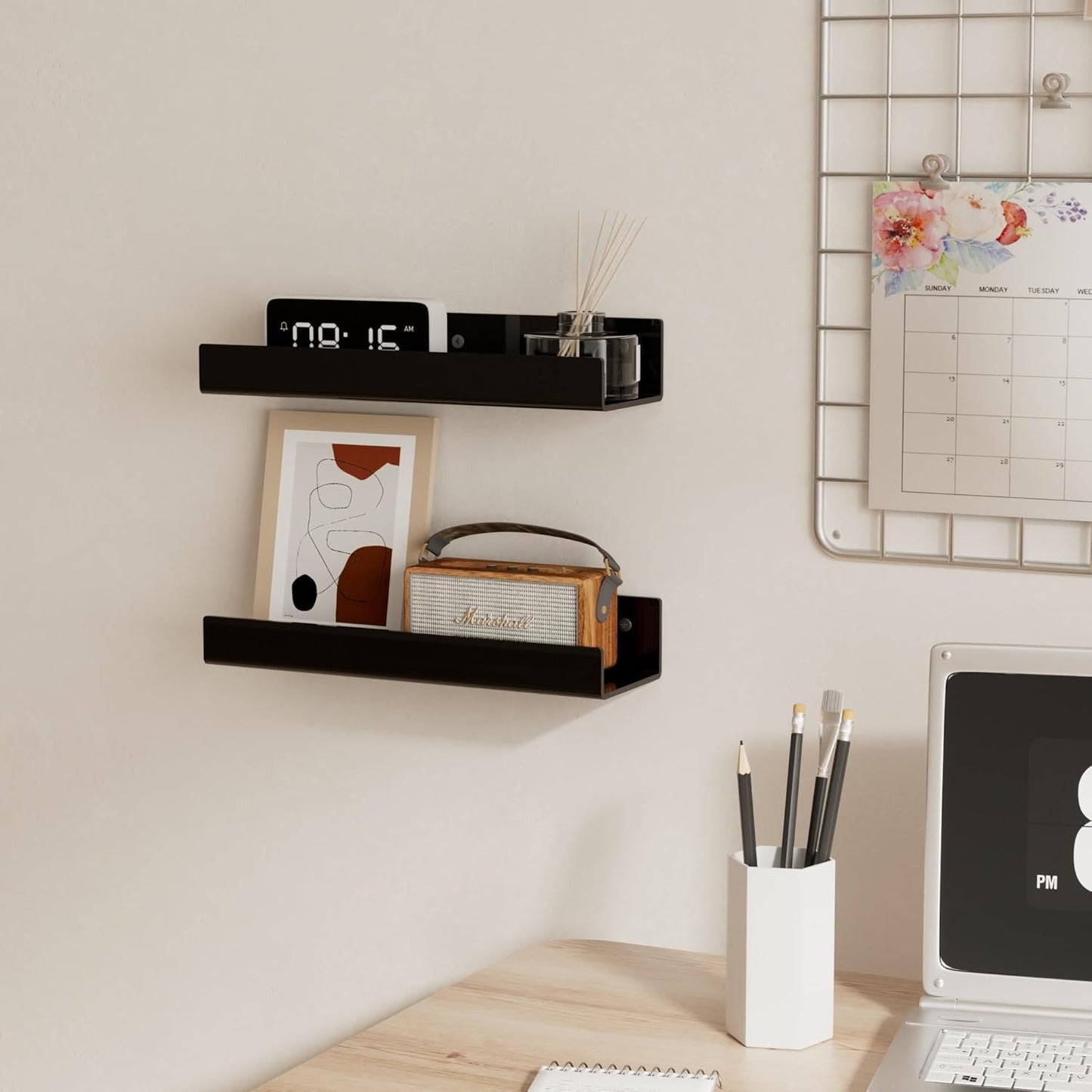 Skiennix 12-Inch Black Acrylic Wall Shelf - Stylish Wall-Mounted Storage Display | 2 Pack