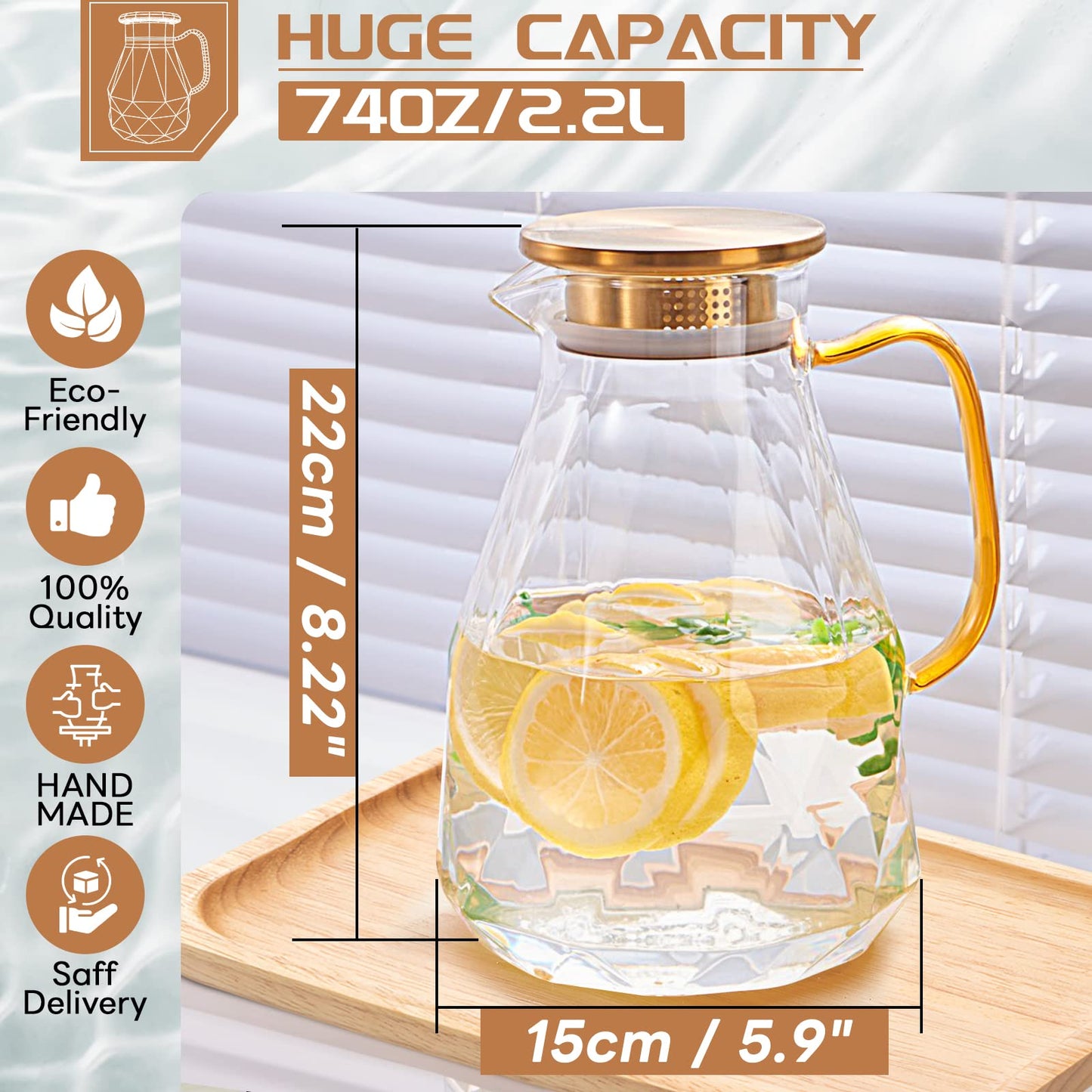 Yirilan Glass Pitcher, 2.2 Liter Water Pitcher With Lid,Iced Tea Pitcher for Fridge,Carafe With Lid, Glass Water Jug For Juice, Milk, Cold Or Hot Beverages, 2 Quart