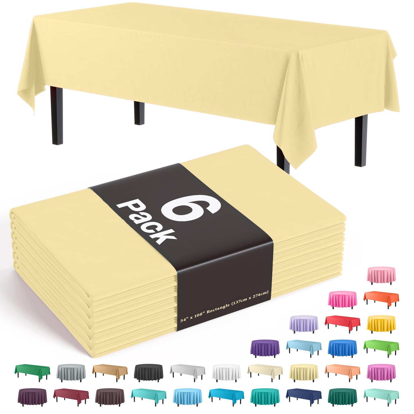 Party Solids Pack Of 6 Premium Plastic Tablecloth 54 Inch x 108 Inch Rectangle Plastic Table Cover - Light Yellow