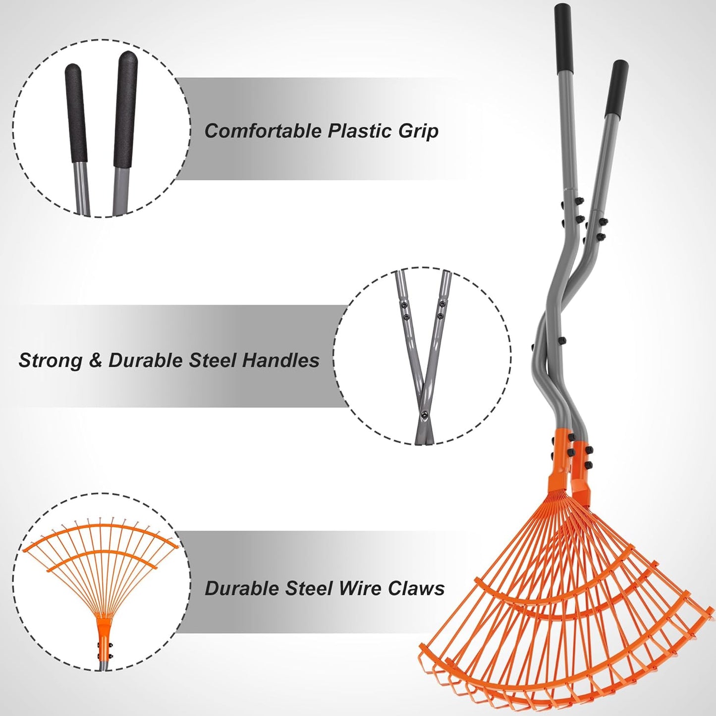 Walensee Heavy Duty Leaf Rake - Long Steel Handle Leaf Picker & Multi-Use Garden Claw for Easy Cleanup