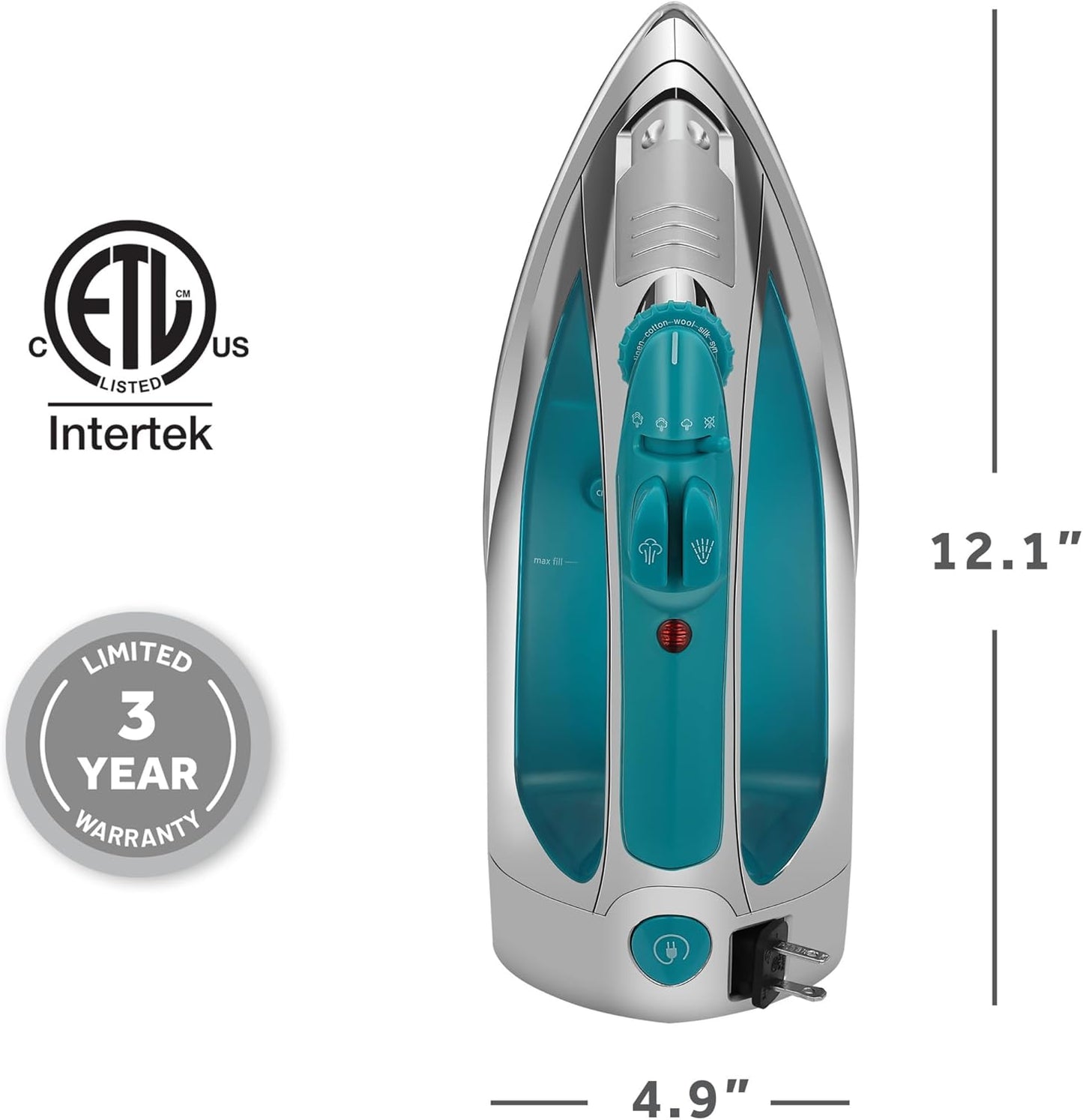 Sunbeam Turbo Steam Iron - 1400W Quick Heat with Stainless Steel Soleplate | 240ml Water Tank, White & Teal