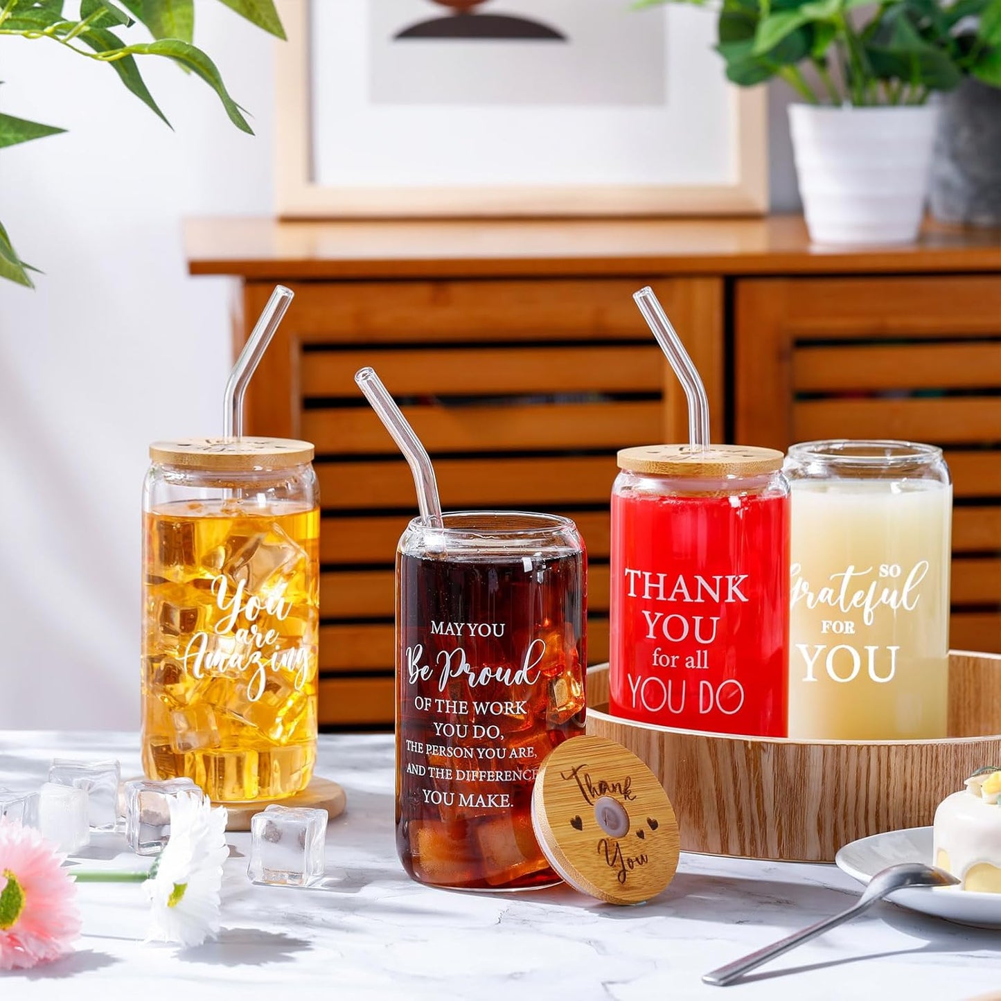Tioncy 12 Pcs Positive Thank You Gifts for Women Appreciation Teacher Nurse Christian Religous Gifts 16oz Glass Cup with Bamboo Lids Straws Coffee Drinking Jars for Coworker