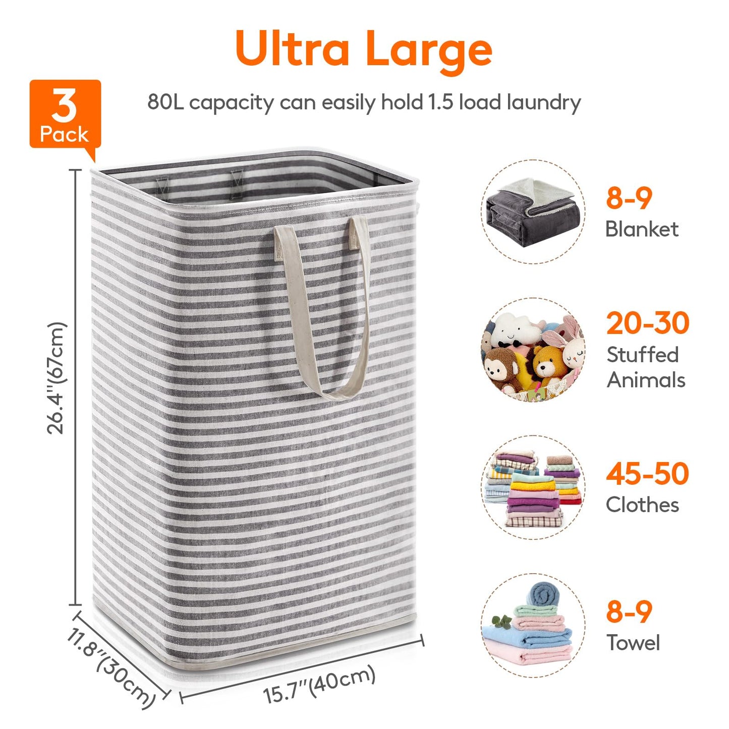 Lifewit 3 Pack Laundry Basket 80L Each, Collapsible Clothes Hamper with Reinforced Handles, Freestanding Waterproof Design for Bedroom and Laundry Room, Black 240L Total