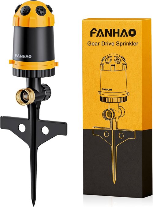 FANHAO Gear Drive Lawn Sprinkler - Heavy Duty 6-Pattern Irrigation System for Large Yards & Gardens