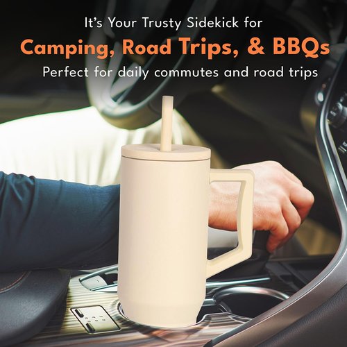 Elemental 40 oz Tumbler with Handle and Straw - Spill Proof Insulated Stainless Steel Commuter for Cold Beverages - Travel Coffee Mug with 2 Straws & Spill Proof Lid - 40oz - Beige