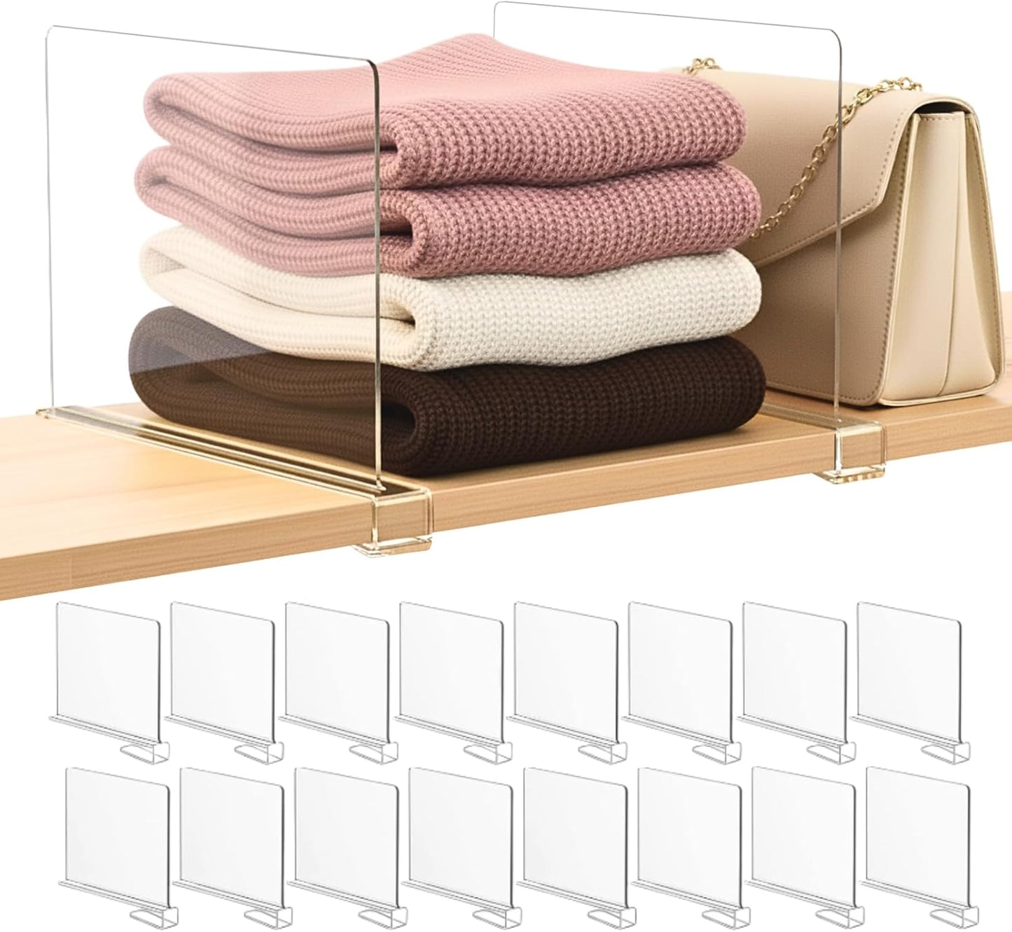 SortNStore Shelf Dividers - Acrylic Purse Organizer for Closet | 16-Pack Handbag & Clothing Storage