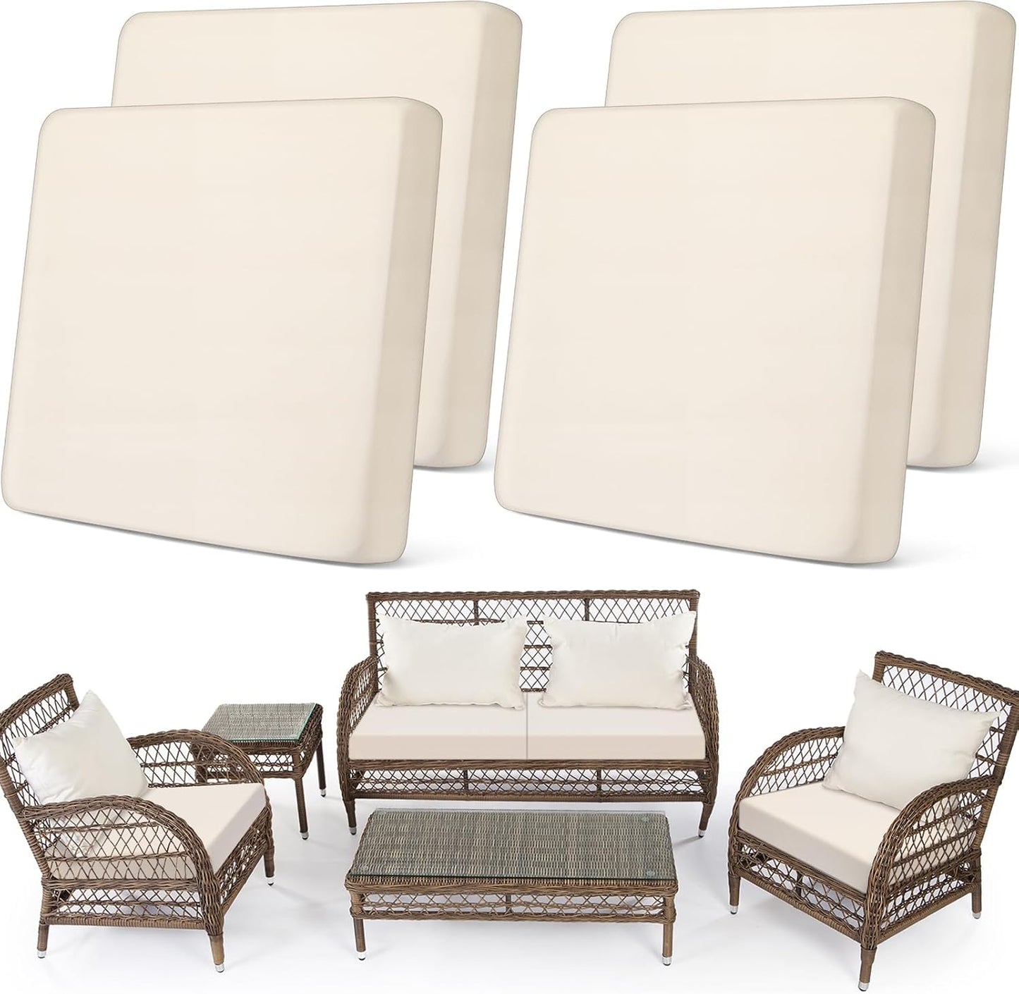 Newwiee Stretch Patio Cushion Covers - Set of 4 Washable Slipcovers for Sofa & Chairs | Beige