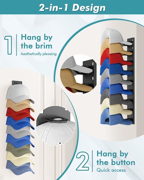 Hat Organizer by [Brand Name] - Strong Adhesive Wall Rack for 18 Baseball Caps | Multi-Layer Hooks - Black