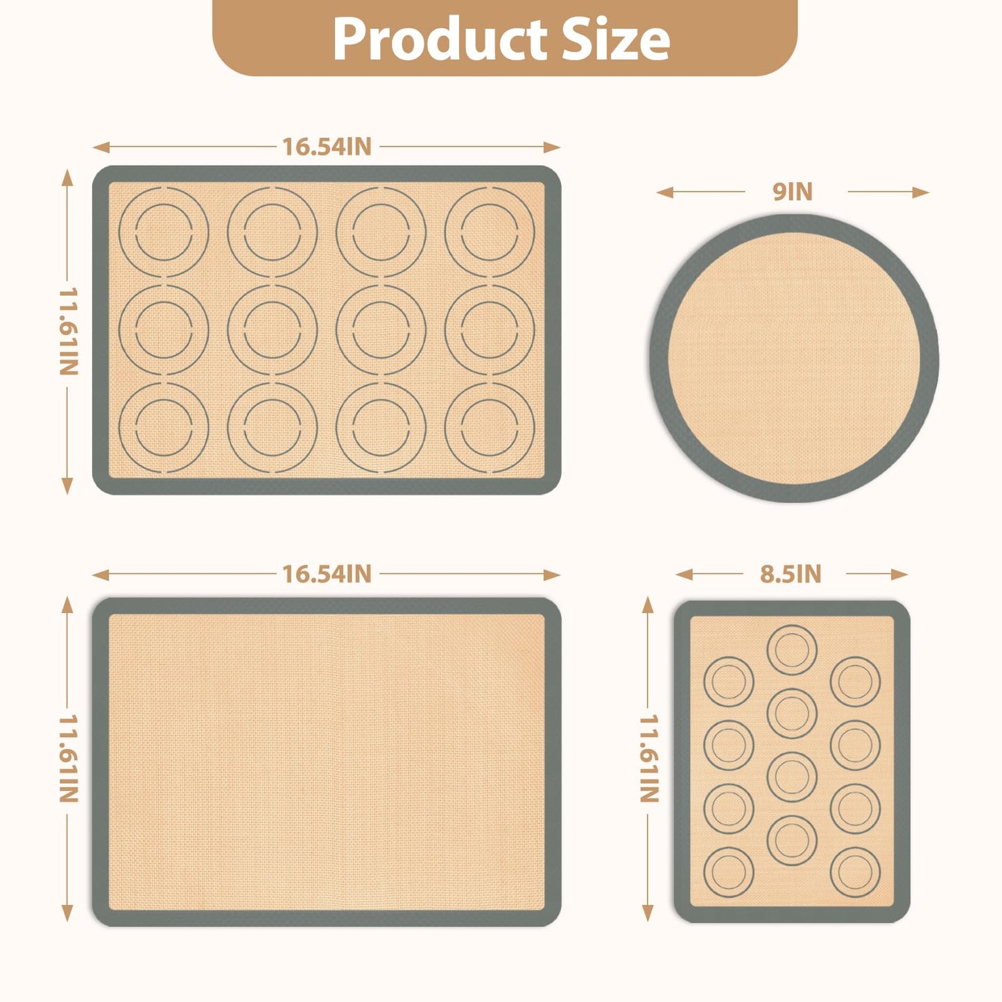 Silicone Baking Mat Set of 4, Nonstick Reusable Macaron Silicone Baking Mat & Round Pizza Mat, Cookie Baking Supplies for Macaroons, Pastry, Pizza, Gray