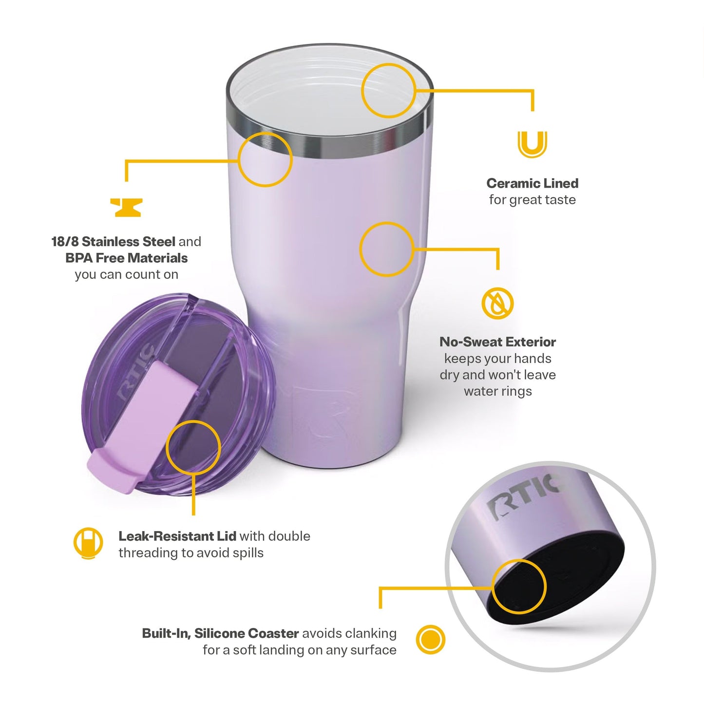 RTIC 20oz Essential Tumbler with Lid, Ceramic Lined, Insulated, Stainless Steel, Metal, Double Wall Vacuum-Insulation, Travel Cup for Iced Coffee, Tea, Hot and Cold Drink, Lavender Glitter