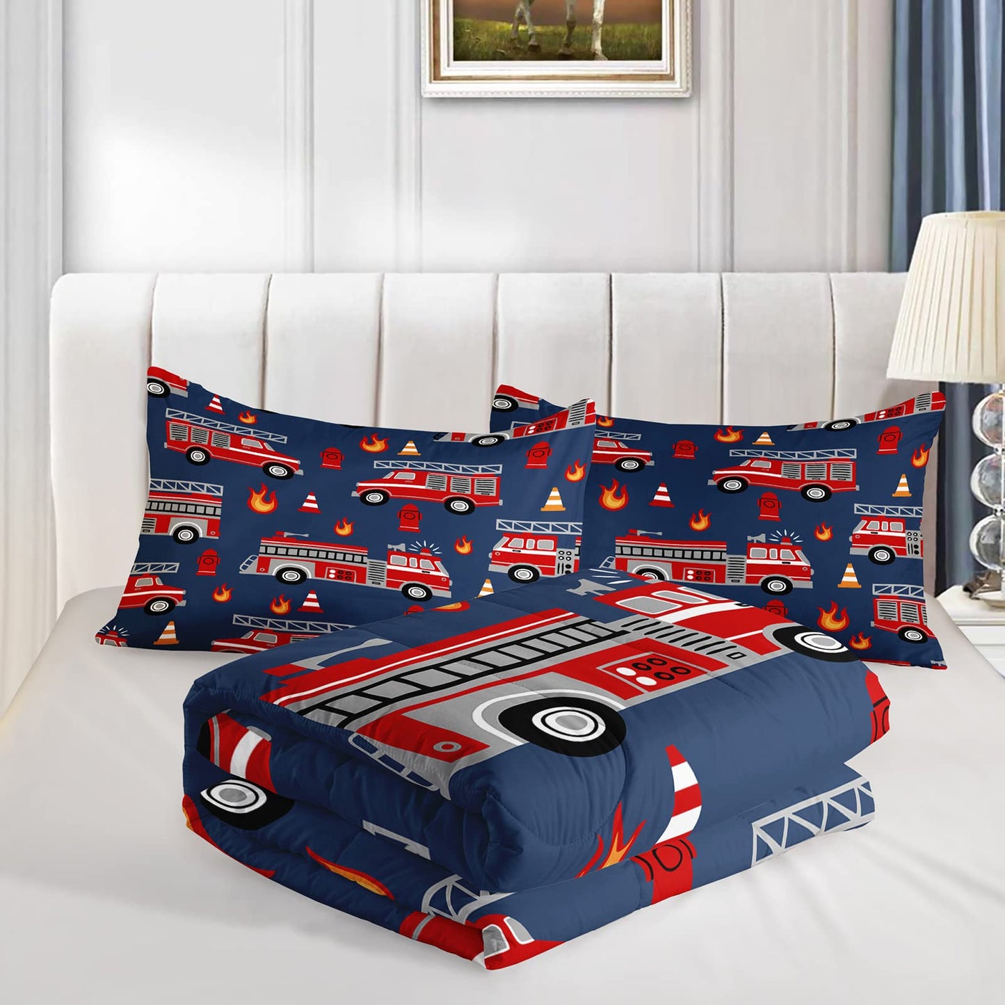 QOOMO Fire Truck Kids Comforter Set, 3Pcs Bedding Set, Full Size, Printed Comforter with 2 Pillowcases, Down Alternative, Soft and Lightweight, for All Seasons