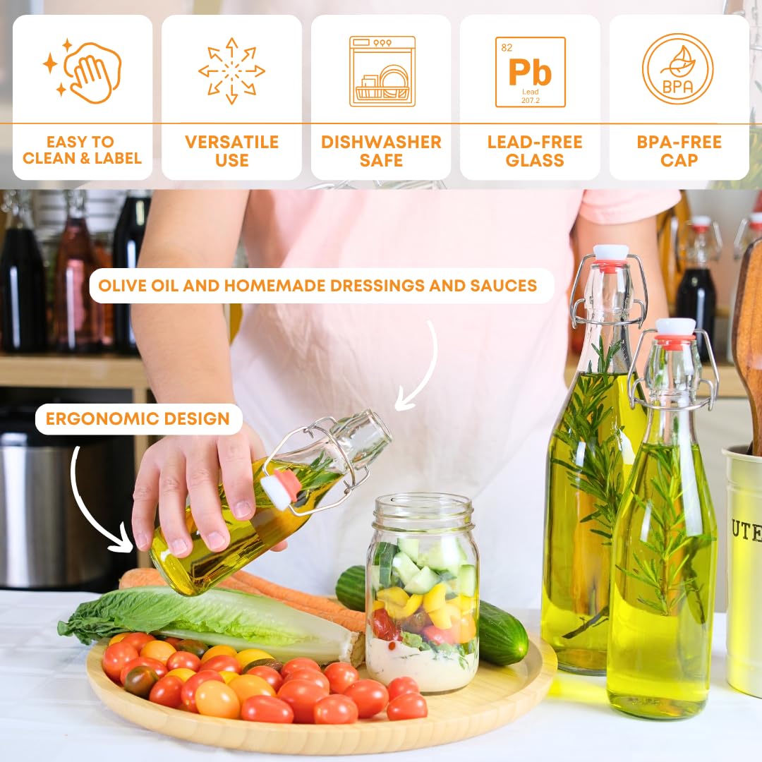 FastRack Swing Top Glass Bottles |8.5 oz – Pack of 6 | Clear, Flip Top Glass Bottles for Home Brewing, Carbonated Drinks, Kombucha, Fermentation, Water | Food Grade – ECO Friendly