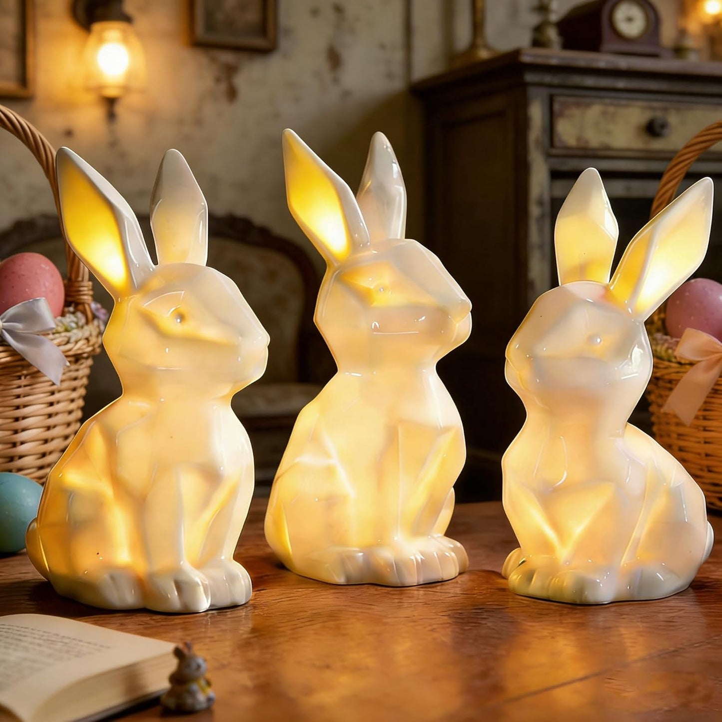 NEROSUN Easter Bunny Decorations - 3 Pack Ceramic White Rabbit Statues | Lighted Table Centerpiece for Spring Decor