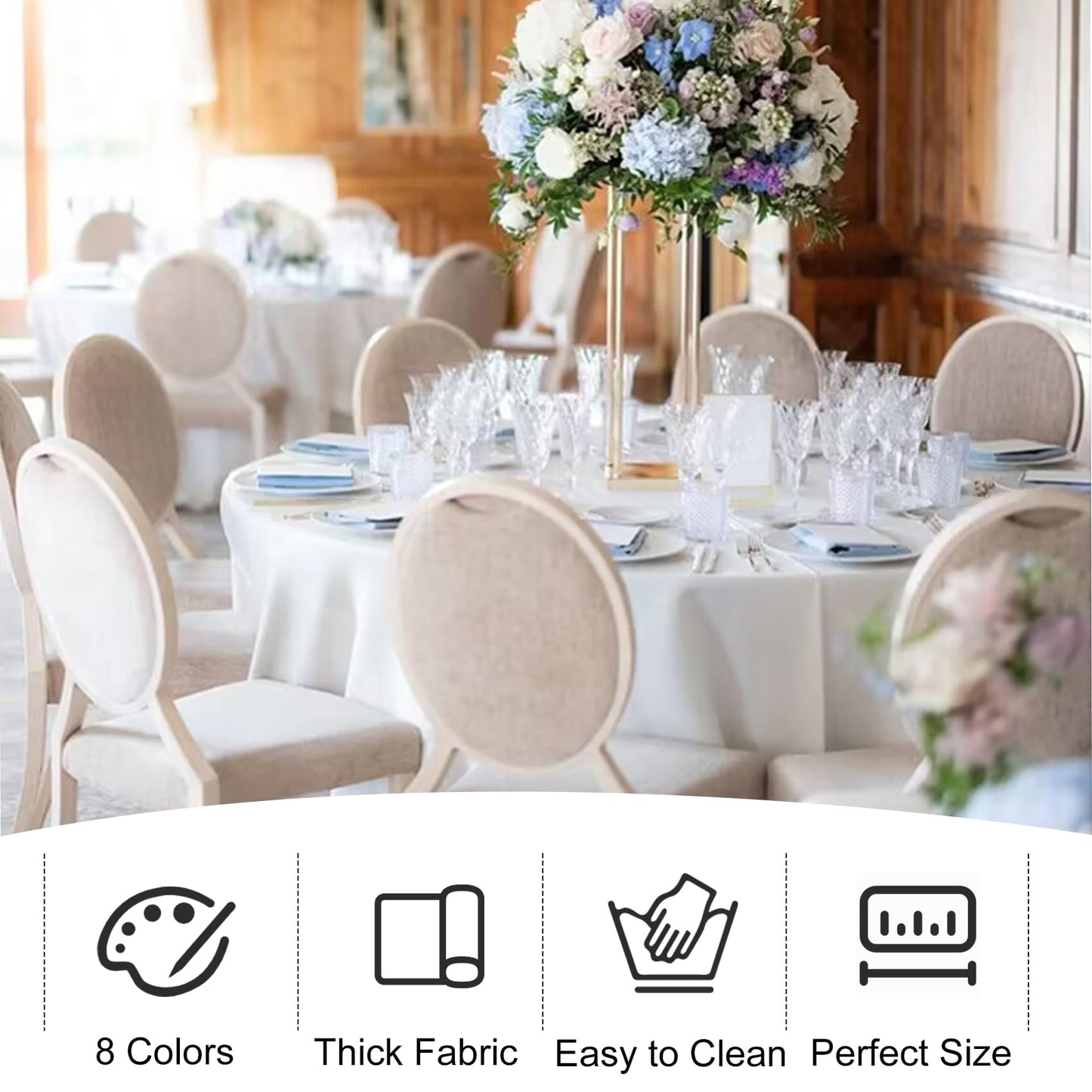 JALANCY 4 Pack Round Tablecloth 90 Inch White Polyester Washable Decorative Fabric Table Covers for Wedding Dining Table Buffet Parties Banquet Decor