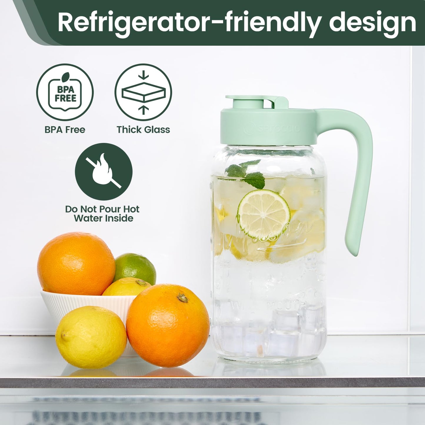 Spreccio Mason Jar Pitcher - Airtight & Leakproof Glass Pitcher with Lid[set of 2], Perfect for Breastmilk, Cold Brew, and Sun Tea, 2 Quart (64 oz) Mason Jar with Pour Spout Lid
