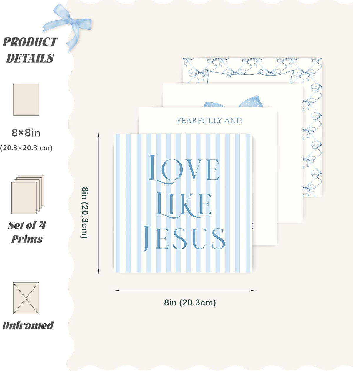 LARTSFRO Coquette Blue Bow Wall Art - Inspirational Christian Decor for Teen Girls | 8x8 Inch Set of 4 Unframed