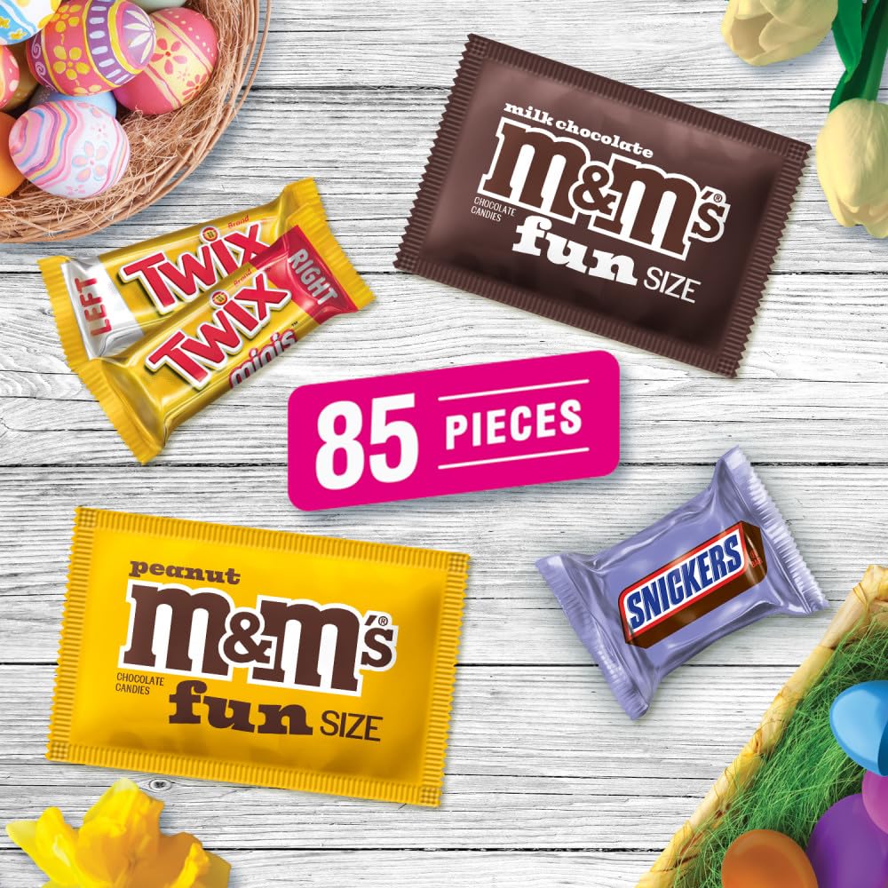 M&M'S Milk Chocolate, M&M's Peanut, SNICKERS & Twix Milk Chocolate Fun Size and Mini Assorted Easter Candy for Easter Basket Fillers, Eggs, 34.85 Ounce Bag