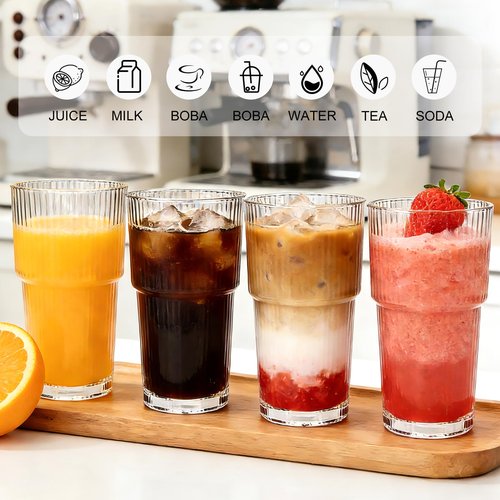 Accguan 20oz Ribbed Glass Tumbler with Straw and Lid,Glass Cup,Reusable lced Coffee Cups with lids-Glass Cups with Lids for Smoothie,Coffee,Juice,Tea,Travel Mug,Cold & Hot Beverages, 6Pack