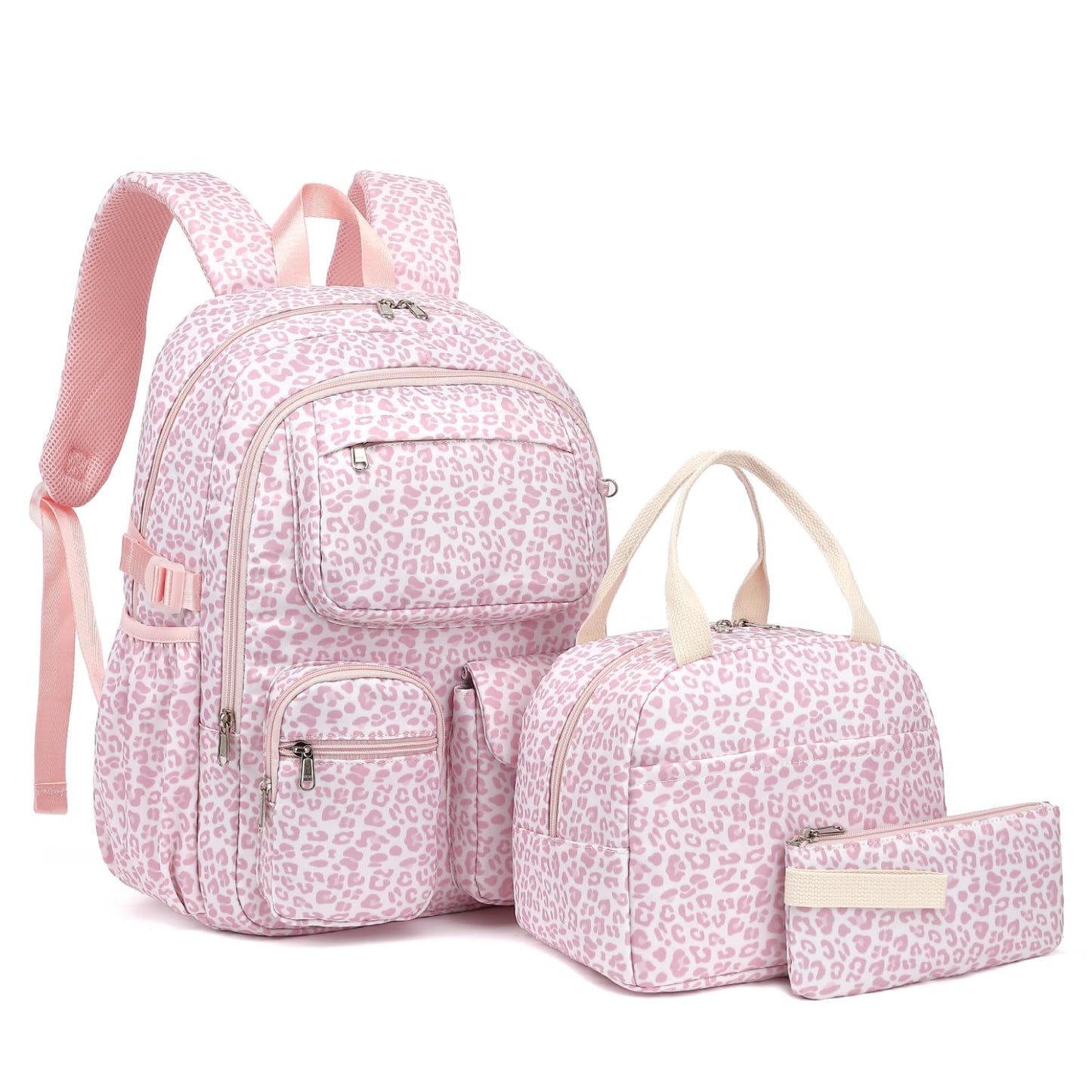 Lroiutian Girls Backpack Set for School Backpacks with Lunch Box Pencil Case 3 Piece Bookbags, Kids Elementary Teen Student Lightweight School Bag Set-Leopard Pink