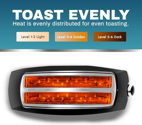 Elite Gourmet Long Slot 4-Slice Toaster - 6 Toast Settings, Defrost & Reheat Functions, Black