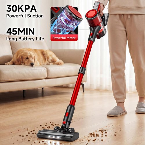 BSNAW Cordless Vacuum Cleaner - Lightweight 8-in-1 Stick Vacuum with 45-Minute Runtime | Red & Black