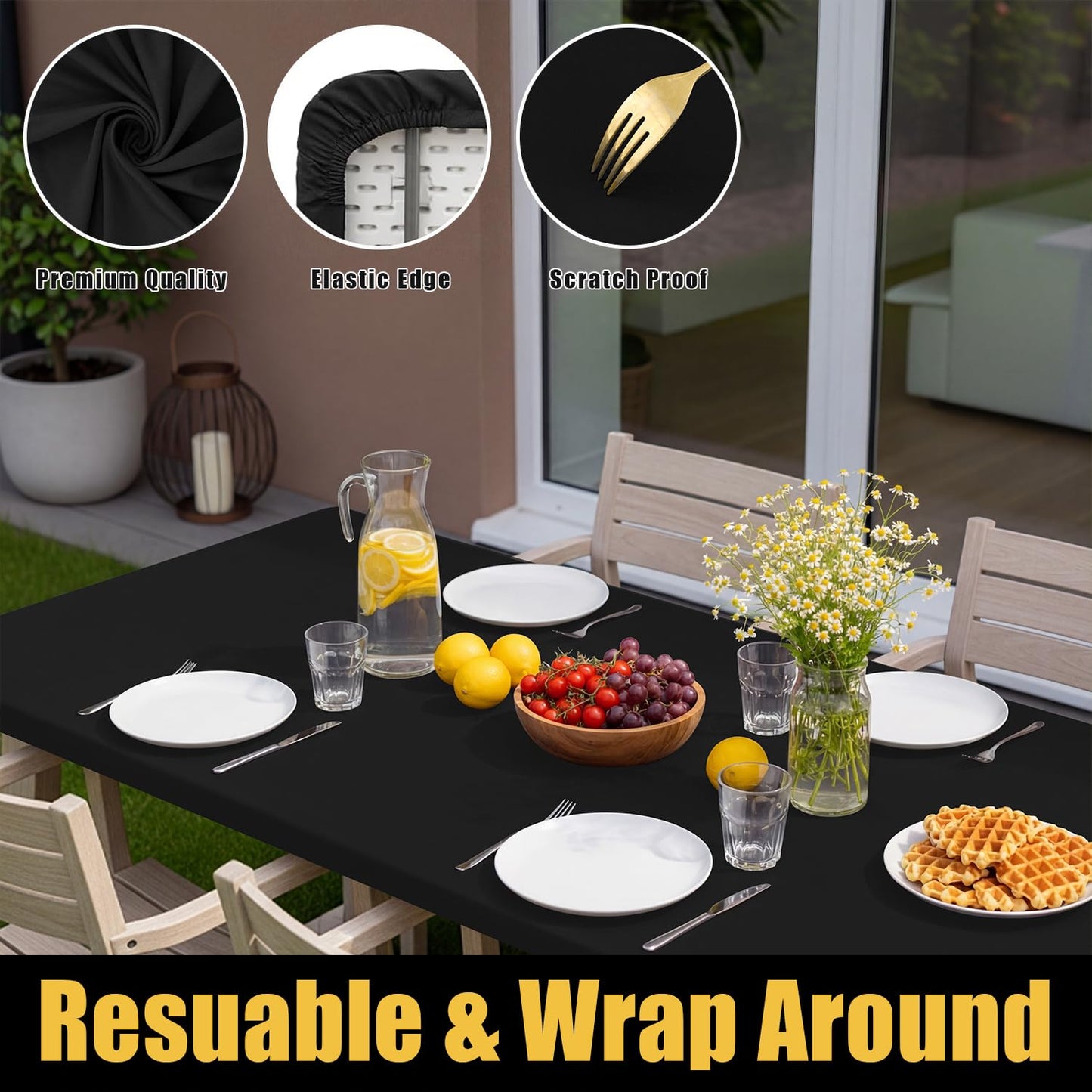 Smiry Rectangle Picnic Table Cloth, Waterproof Elastic Fitted Tablecloths for 8 Foot Tables, Washable Polyester Table Cover for Camping, Indoor and Outdoor (Black, 30"x96")