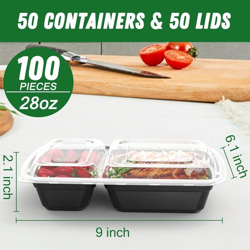 Dealusy 28 oz Meal Prep Containers - 50 Pack, Sturdy Leakproof & Reusable with Lids | 2-Compartment Design, Black