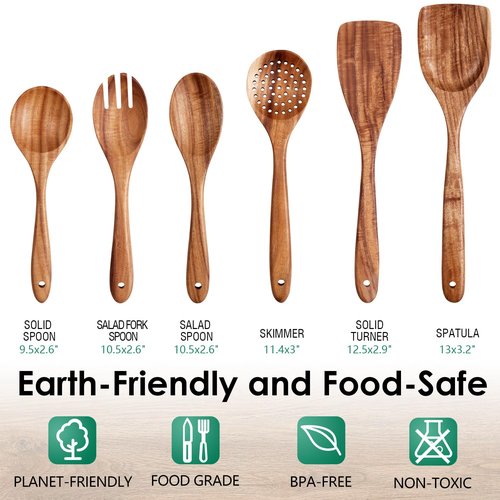 HOWHONG Wooden Spoons for Cooking, Teak Wood Kitchen Utensil Set, Premium Handmade Wooden Utensils for Nonstick Cookware, Heat Resistant, Smooth Finish, Comfortable Grip, 6 Piece