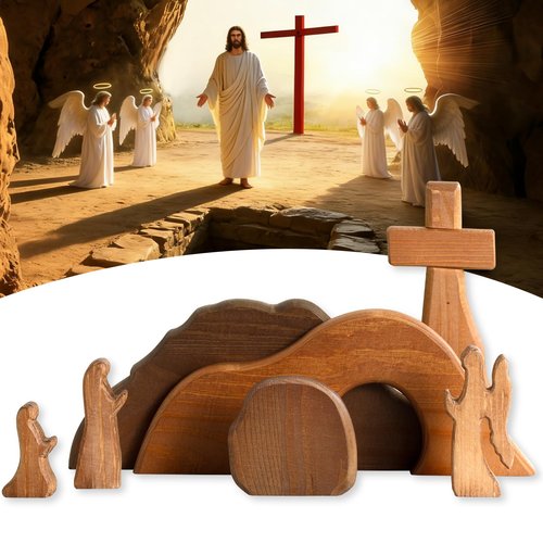 Gnodry The Empty Tomb Easter Scene Set - 7-Piece, Christian Cross Decorations, Decorations Religious Jesus Tomb Easter Kit Display for The Home, Tabletop, Office - Wooden (Warm-Brown)