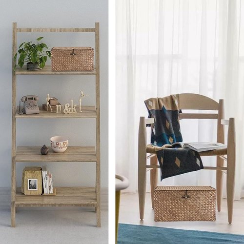 Hipiwe Wicker Shelf Baskets - Handwoven Seagrass Storage Bins with Lid | Medium Coffee Color