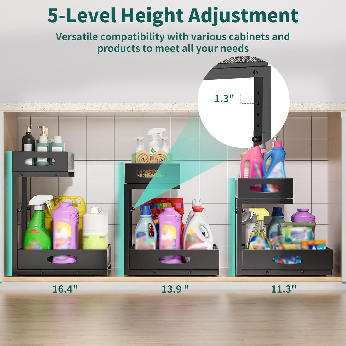 Under Sink Organizer by Extra-Wide - 2-Tier Metal Slide-Out Cabinet Storage | Height Adjustable, Black