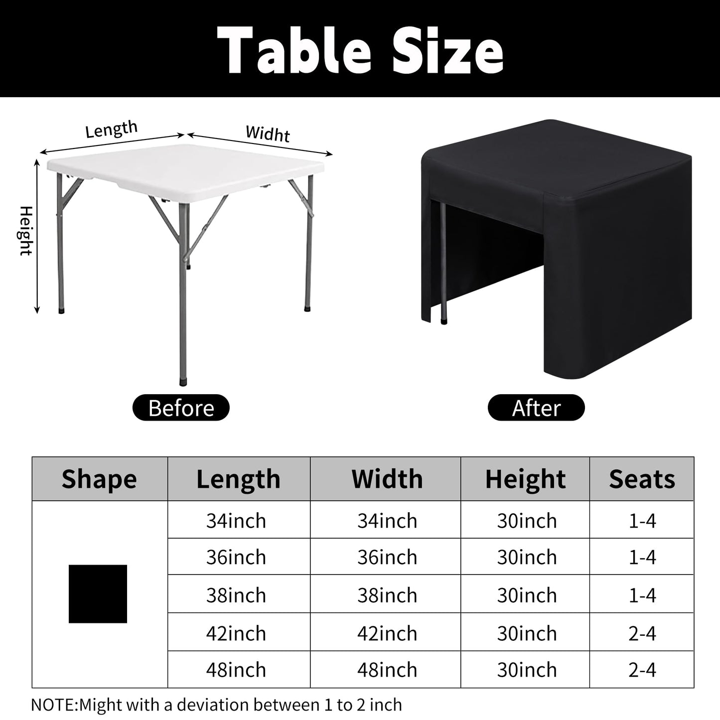 TC LUDUAN 34 x 34 inch Square Fitted Open Back Tablecloth for Folding Table Washable Polyester Table Cover for Trade Show Wedding Party Picnic Outdoor Events Black
