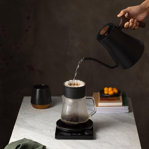 Fellow Stagg EKG Electric Gooseneck Kettle - Pour-Over Coffee and Tea Kettle - Stainless Steel Water Boiler - Quick Heating for Boiling Water - Matte Black With Walnut Handle
