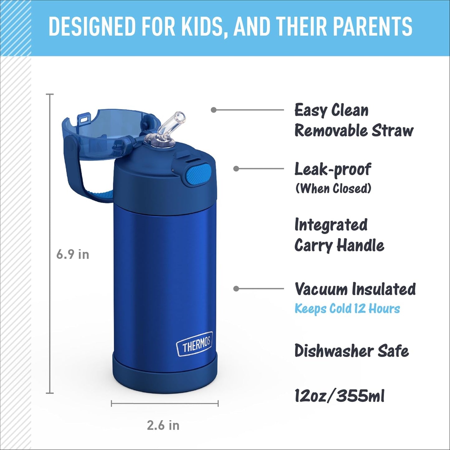 Thermos Funtainer 12 Ounce Kids Straw Bottle - Stainless Steel Vacuum Insulated, Blue