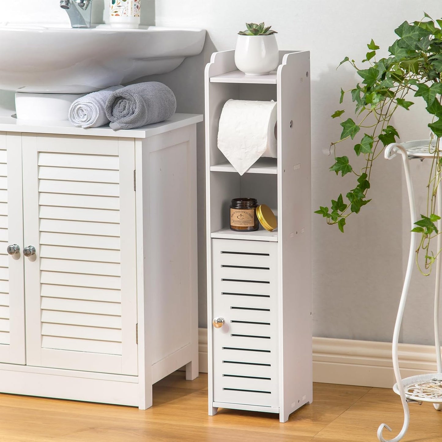 AOJEZOR Toilet Paper Holder Stand - No Drill PVC Design for Small Bathroom Storage | Ideal for Apartments