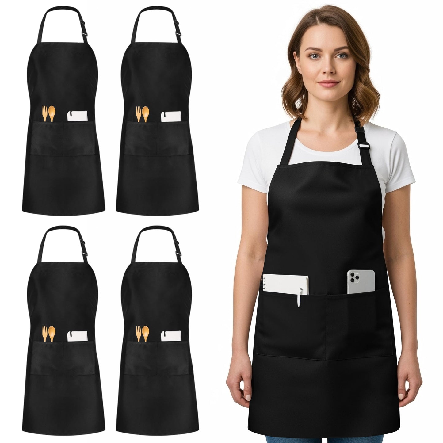 Utopia Kitchen 4 Pack Bib Apron, Adjustable with 2 Pockets, Water and Oil Resistant, Kitchen Cooking Unisex Chef Apron for Women Men, Black