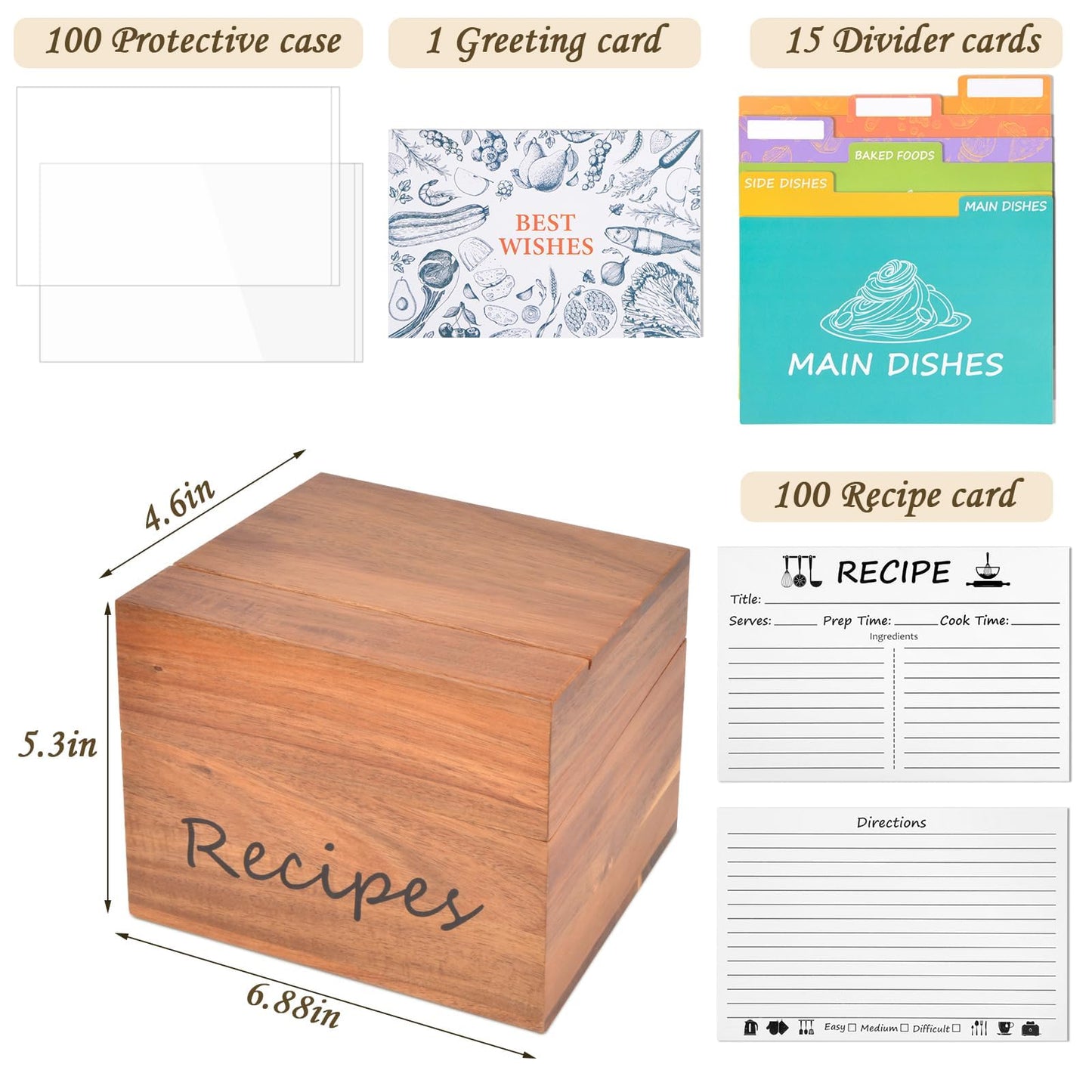 Icepark Acacia Wood Recipe Box (4x6), Custom Design Recipe Cards, 15 Multi-Color Labeled Dividers, 100 Waterproof Protectors, Magnetic Lid, Kitchen Recipe Organizer