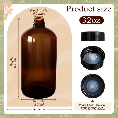 Cinnvoice 6 Pcs 32 oz Amber Boston Glass Bottles Brown Glass Bottles with Airtight Lids Quart Sized Beer Growler Dark Juice Jars for Kombucha Brewing Essential Oils Vanilla Extract Lab Holiday Gift