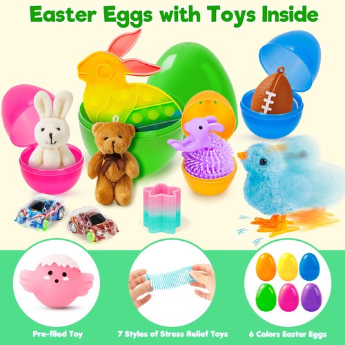30 Pack Prefilled Easter Eggs with Toys Inside, Bulk Mix 4 Sizes Plastic Easter Eggs with Assorted Novelty Toys, Filled Surprise Eggs for Easter Hunt, Easter Basket Stuffers, Party Favors for Kids