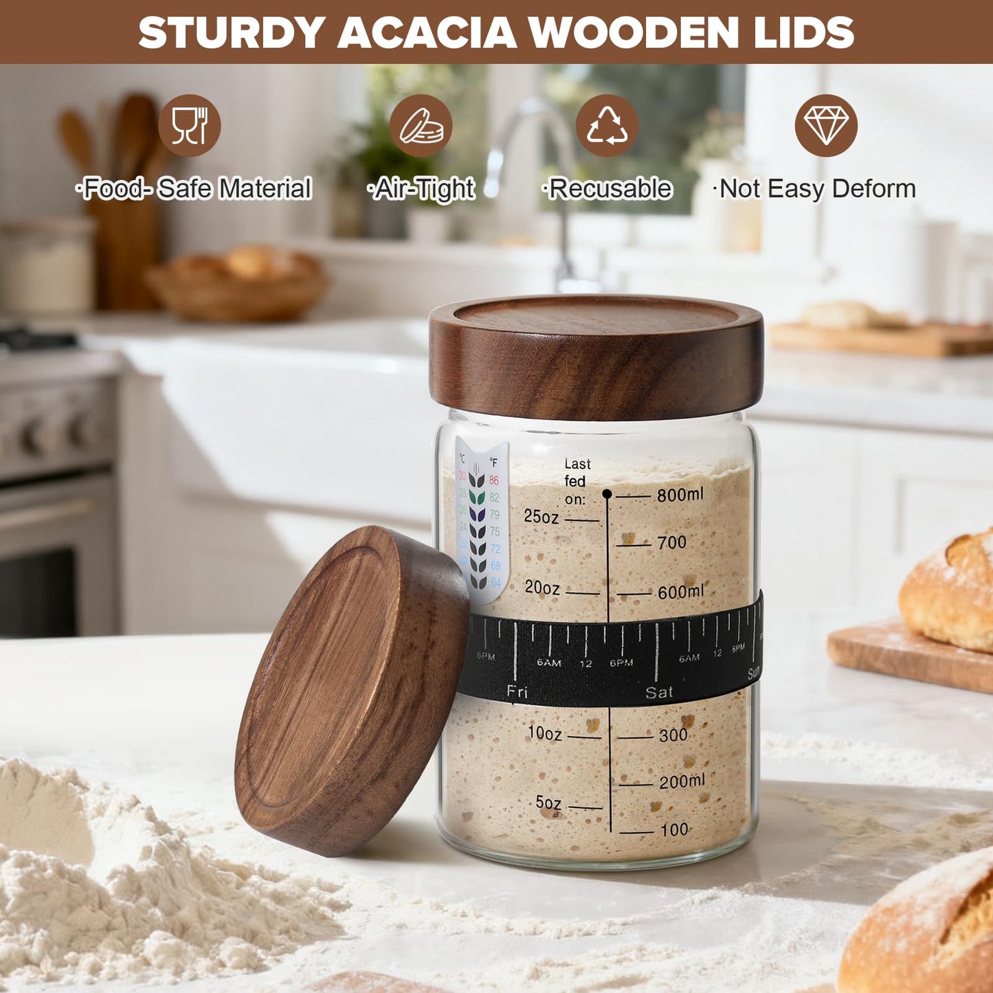 RYTOXILO Sourdough Starter Jar Kit, 34 Oz Glass Sour Dough Jars Wide Mouth for Beginners, 10 Pcs Bread Starter Container Set with Acacia Wooden Lid, Glass Jar with Bread Baking Supplies Accessories