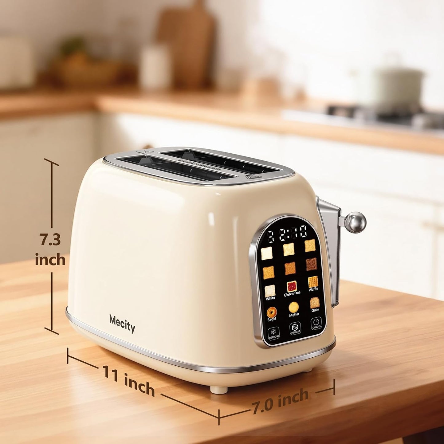 Mecity 2-Slice Toaster - Touch Screen Retro Design for Breads, Bagels & Muffins | Cream Color, 120V 825W