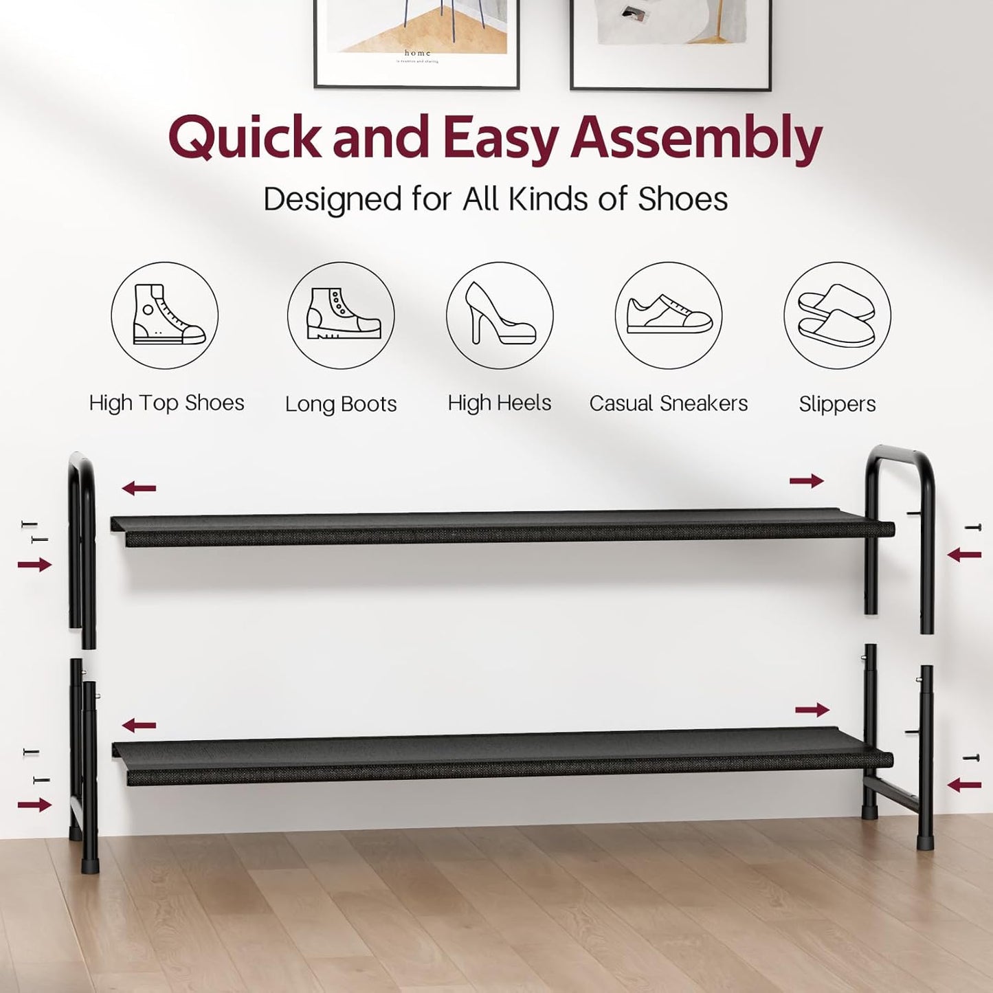 Sleeping Lamb Long 2-Tier Shoe Organizer - Stackable Rack Holds 18 Pairs | Black Storage Solution for Closet & Entryway