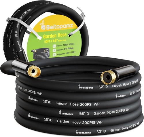 Beitopamz Heavy Duty Garden Hose - 50 ft x 5/8 in, Flexible & Durable Rubber Hybrid, Leak-Free Brass Fittings | Black