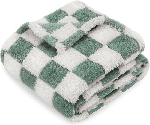 HOMRITAR Checkered Baby Blanket - Soft Sage Green Fluffy 3D Chessboard Design | Reversible 30 x 40 Inch for Infants